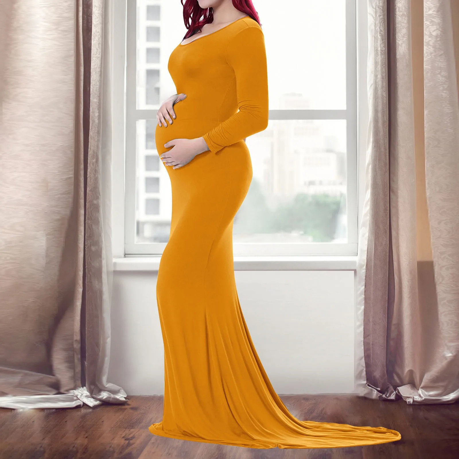 WomenS Cotton Maternity Dress Crewneck Neck Long Sleeve Trailing Jumpsuit Long Pography Dresses Casual Elegant Elastic Dress 250530