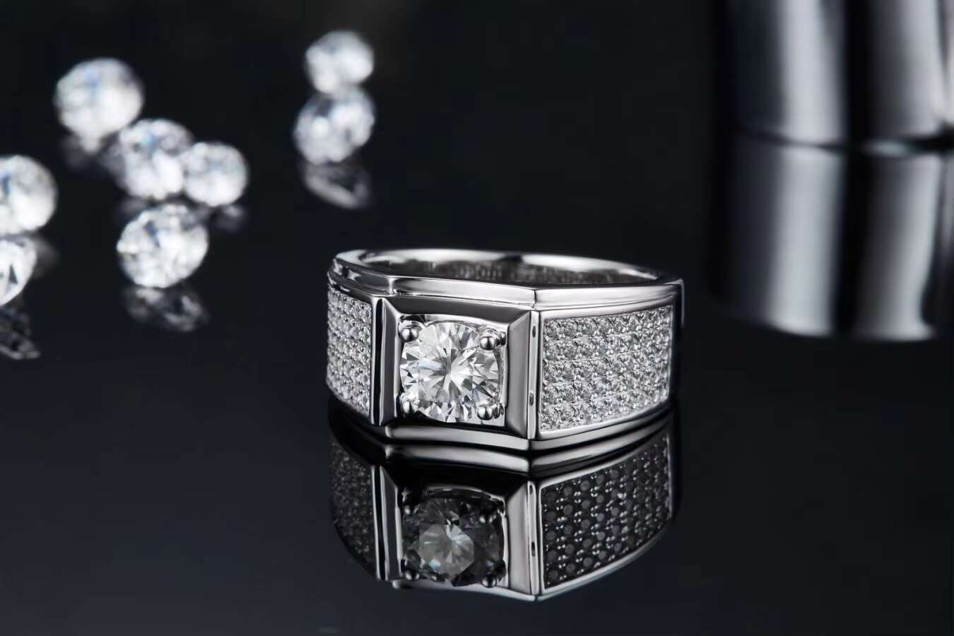 Mens S925 Silver Moissanite Engagement Ring 1 Ct Single Stone with 18K White Gold Plating Minimalist Design