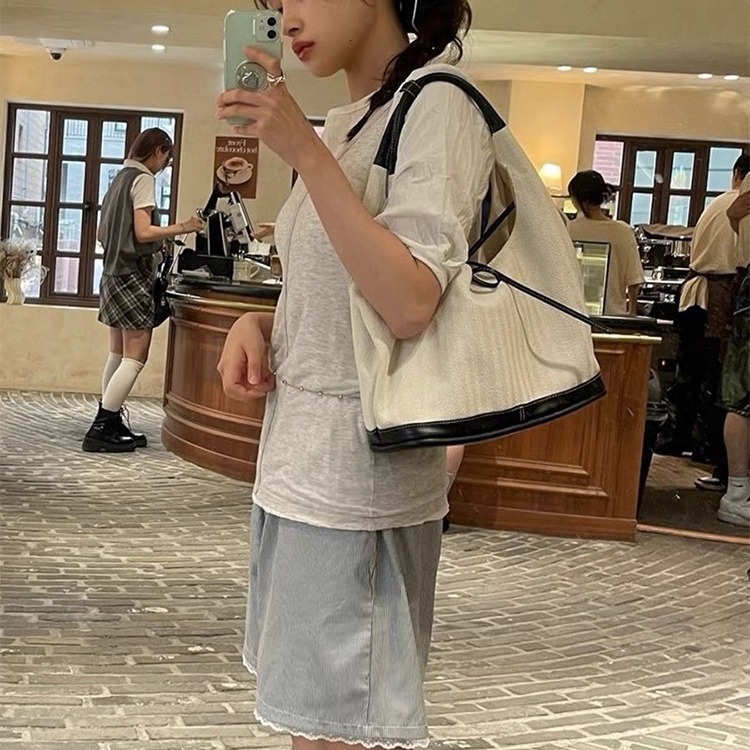 designer Korean Niche Retro Patchwork Canvas Tote Bag Fashion Versatile Shoulder Bag Handbag Large Capacity Underarm Bag