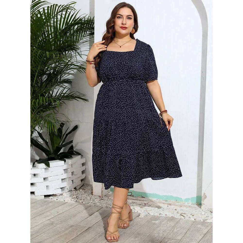 GIBSIE Plus Size Polka Dot Puff Sleeve Square Neck Dress Summer 2024 Women Vintage Casual Holiday Ruffle Hem Long Dresses High quality, fashionable, l