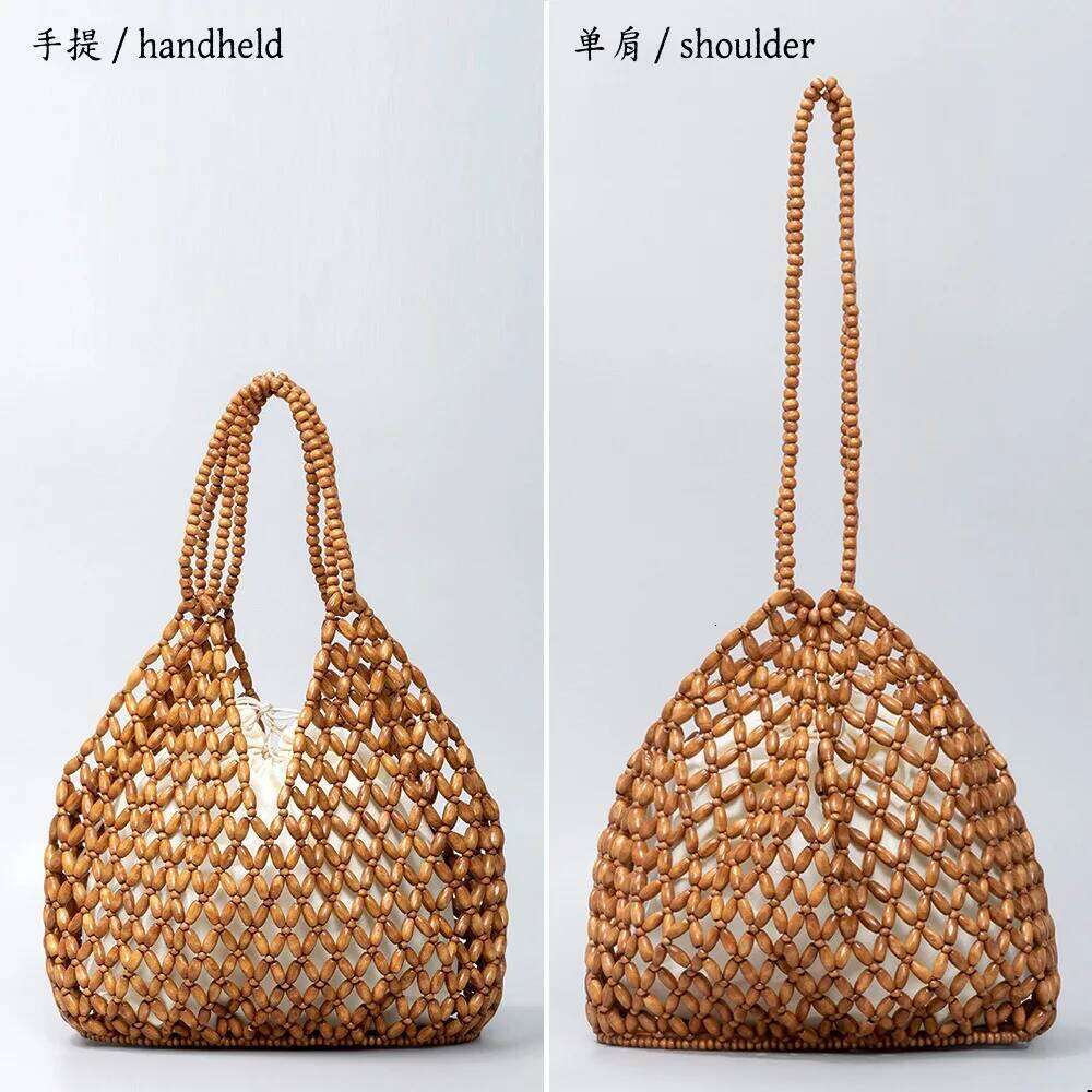 Large Capacity Wooden Bead Handbag Women Handwoven Tote Purse Bohemian Shoulder Fashion Beach Travel Bag Stylish Casual