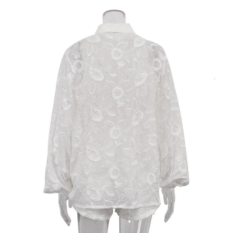 Boho Beach Sheer Blouses Shirts High Waisted Shorts For Womens Two Peice Sets White Cotton Floral Embroidered Outfit Summer Suit 250527
