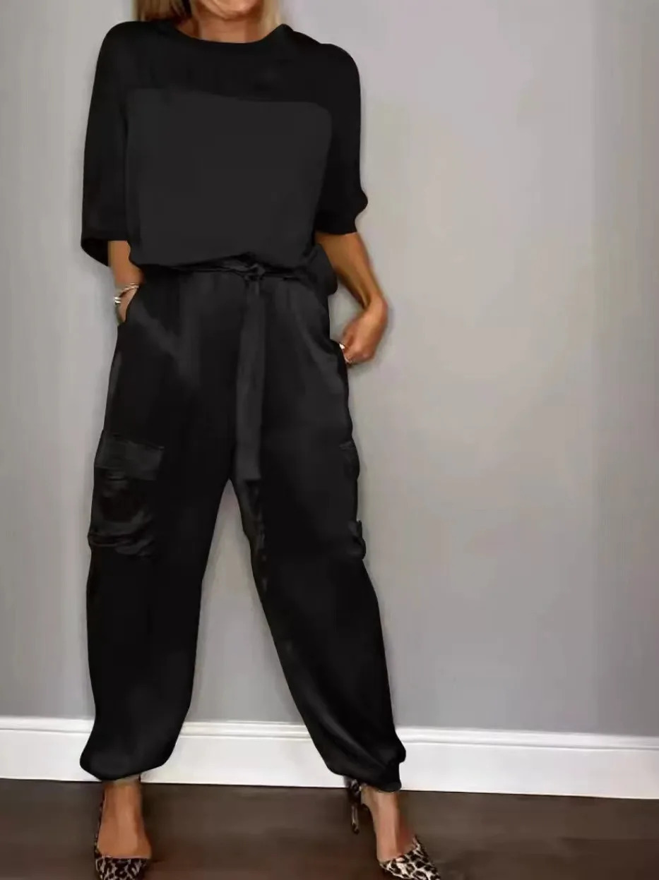 European and American Cross-border Fashion Womens Smooth Satin Half Sleeved Upper Garment Set Two-piece Casual Set 250530