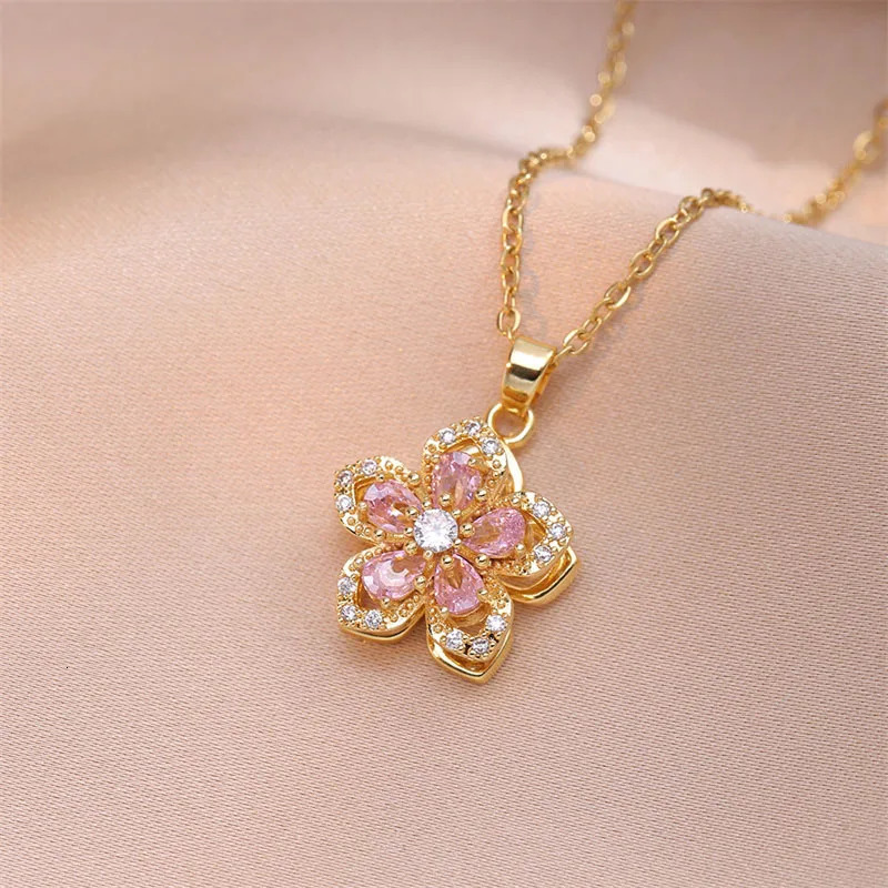 Shiny Zircon Romantic Flower Pendant Necklace For Women Gold Plated Rotatable Flowers Choker Girls Wedding Party Jewelry 250519