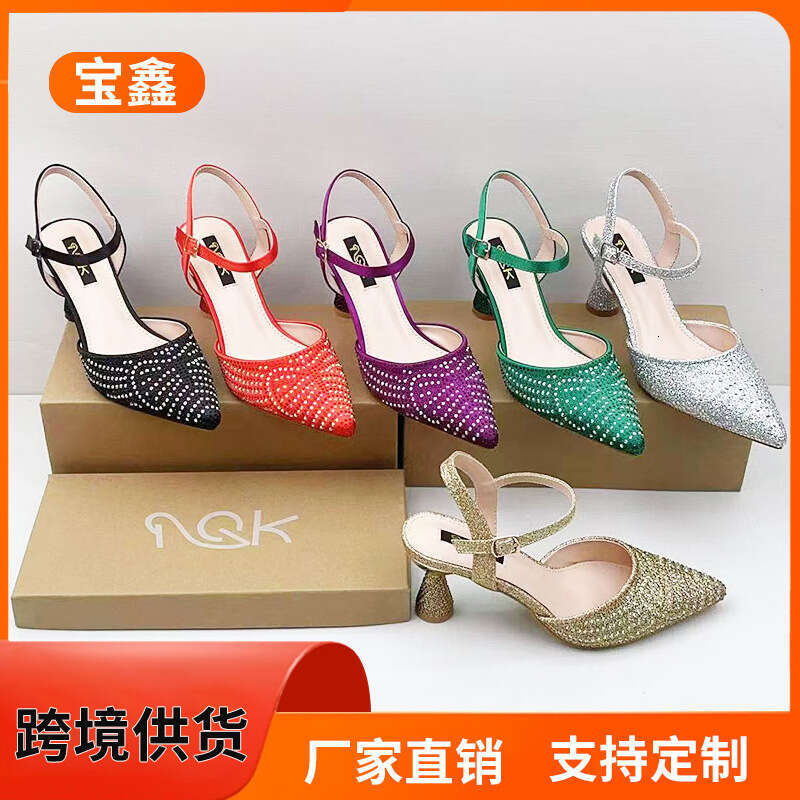 Green New Style Elegant Versatile Pointed Toe Open Back Simple Rhinestone Design Women's High Heels