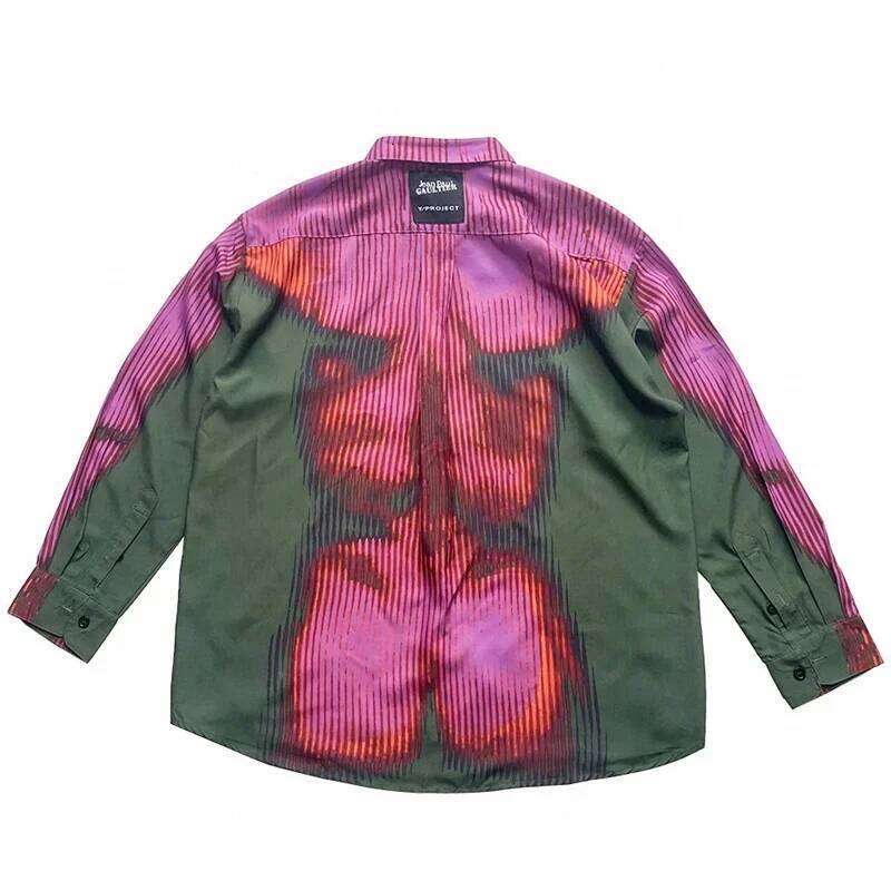 Gradient Color Human Body Image Print Patchwork Shirts For Men And Women Streetwear Baggy Camisas Ropa Hombre Y2k Clothing