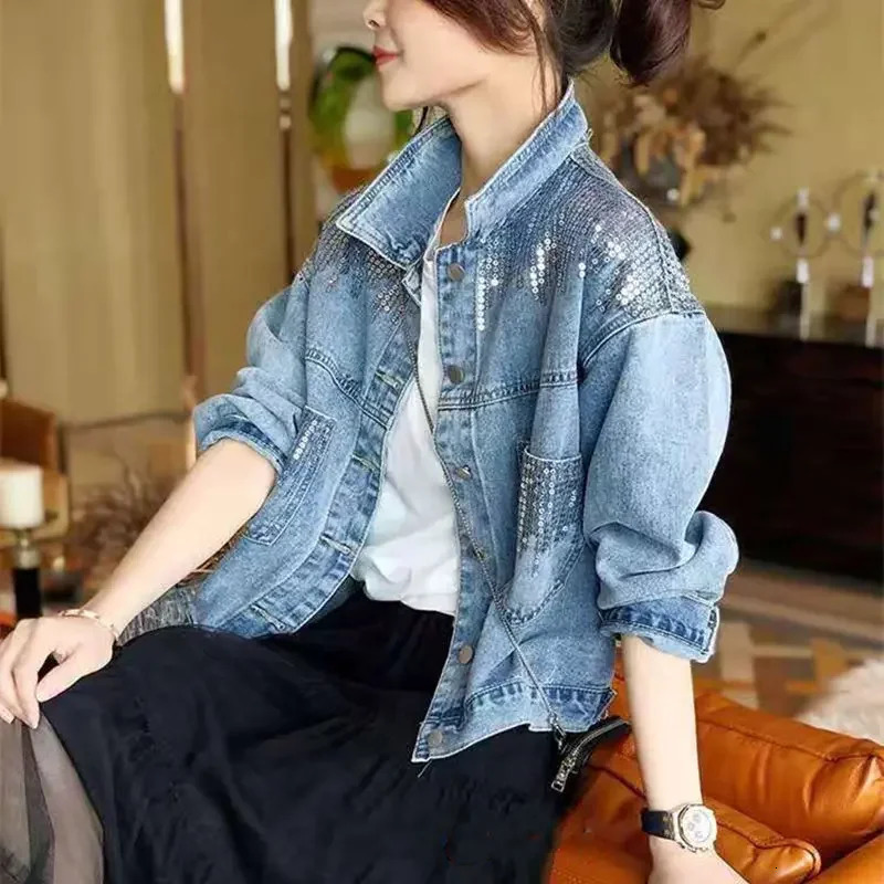 Denim Coat Female Ins Short Early Autumn Coat Sequins Loose Korean Version of Joker Autumn Style 250527