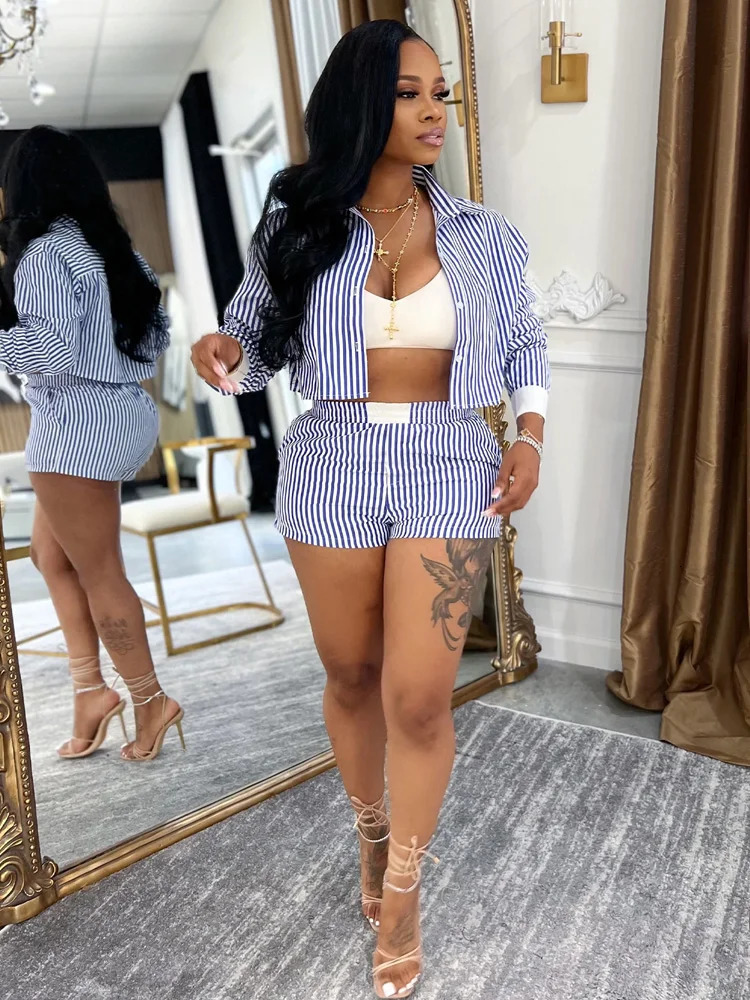 Beyprern Womens Red Striped Blouse Shirt Top And Matching Shorts Set Summer Tracksuits Set 2 Piece Outfits Workout Overalls 250527