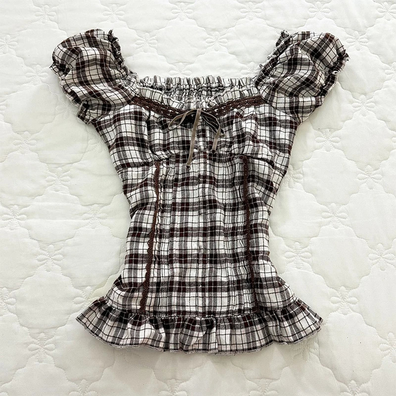 Sweet Vintage Classic Plaid Pattern Crop Tops Harajuku Maiden Woman Y2K Cute Shirts Baby Tee Slim Fairy Punk Clothing 250530