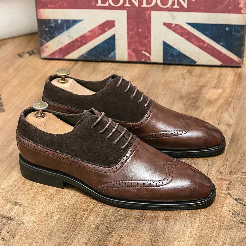Men retro formal shoes PU black brown patchwork lace up business high-quality block shoes European style sizes 38-46 men shoes 250526