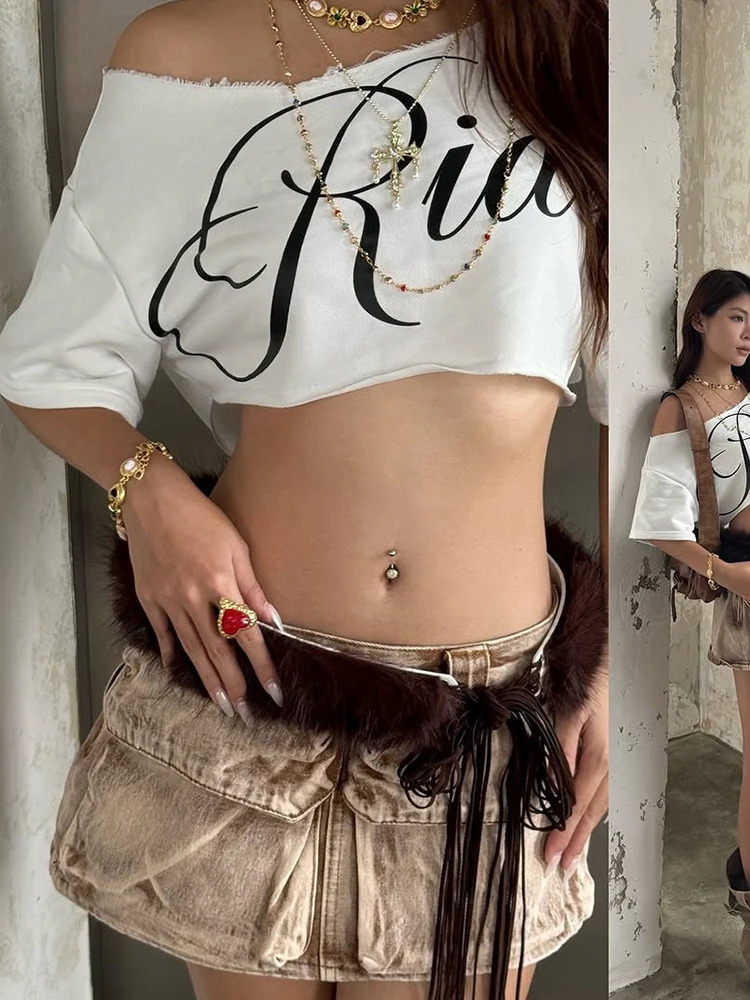Nibber Loose Letter Print Mini t-Shirt Women Summer Trend Biased Collar Versatile Street Skinny Simple Classic Party Daily Tops 250530