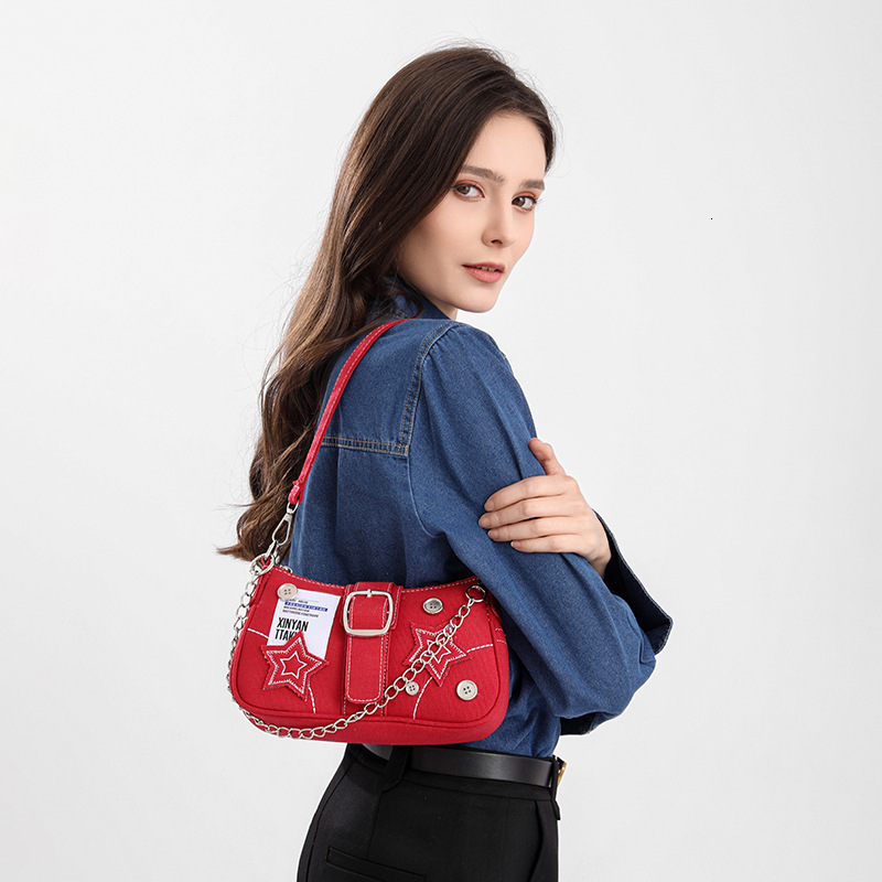 designer Star Denim Underarm Bag New Fashion Trend Niche Design Crescent Bag Canvas Tote Bag Chain Bag Wholesale