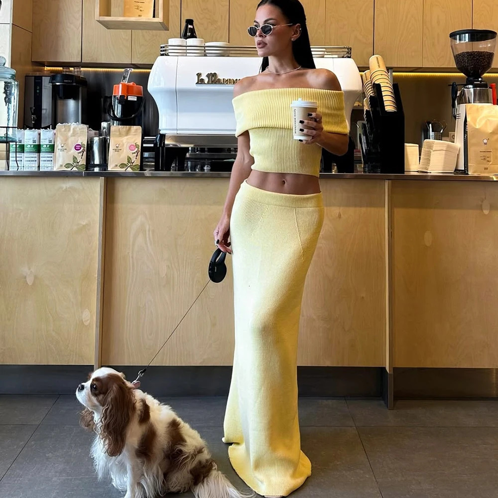 Tuularose Knitted Skirt Two-piece Set Womens Summer One Shoulder Sleeveless Top High Waist Slit Skirt Set Casual Lady Skirt Set 250530