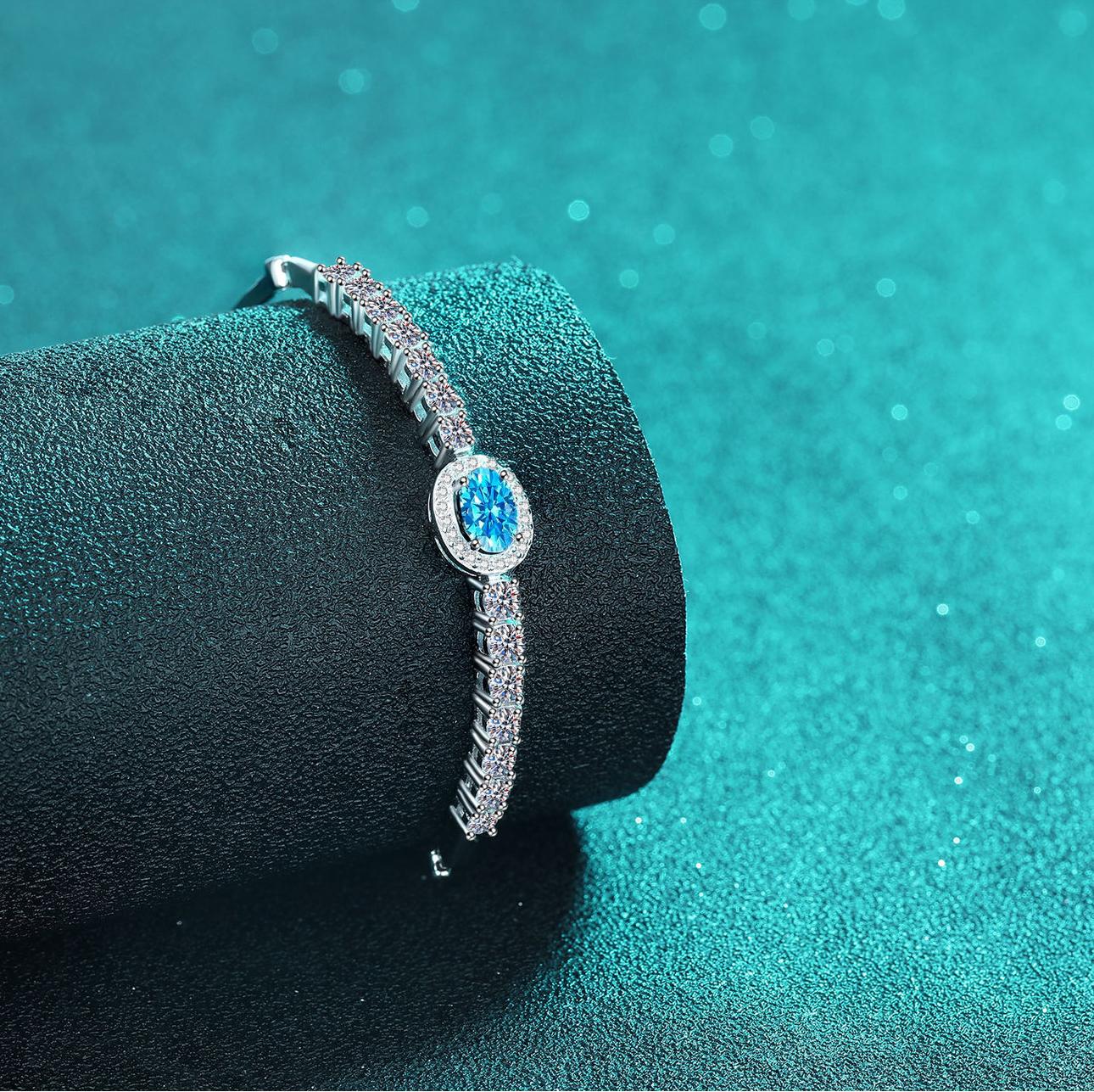 Handcrafted 925 Sterling Silver Blue Oval Moissanite Bracelet for Women, Platinum Plated, Adjustable Cuff Design, Elegant & Minimalist Gift