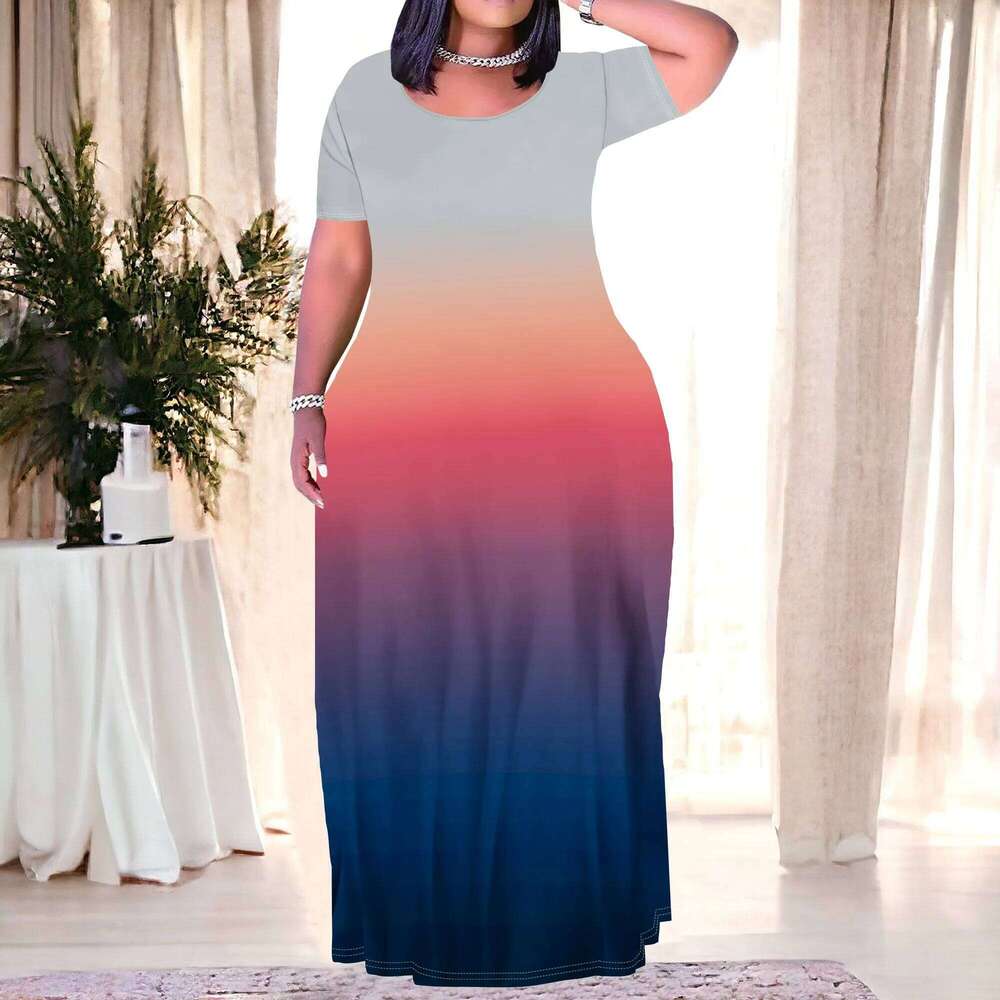 Women's Plus Size Gradient Color Maxi Dresses Short Sleeve Sundress Summer T-Shirt Beach Long Dress with Pockets High quality, fashionable, luxur