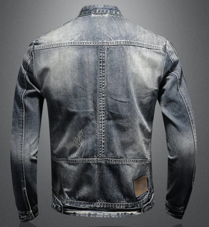 Denim Jacket Men Distressed Lapel Vintage Outwear Personalized slim fit Stand Up Collar Zipper Cowboy Cycling Motor 250530