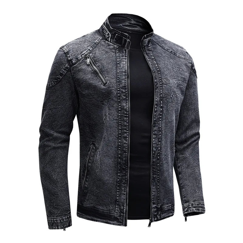 Motorcycle Denim Jacket Men Retro Zippers Stand Collar Coats Mens Cotton Slim Fit Moto Biker Outerwear 250530