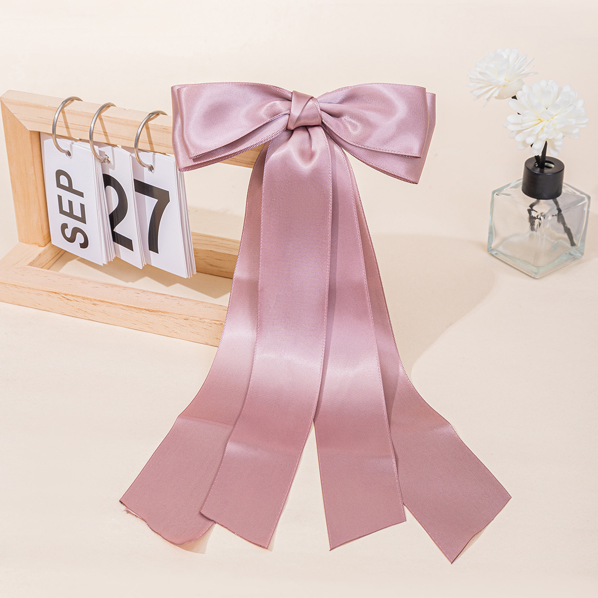 European American Best Selling Large Double Layered Satin Bow Hair Clip Solid Color Long Ribbon Back of Head Barrette