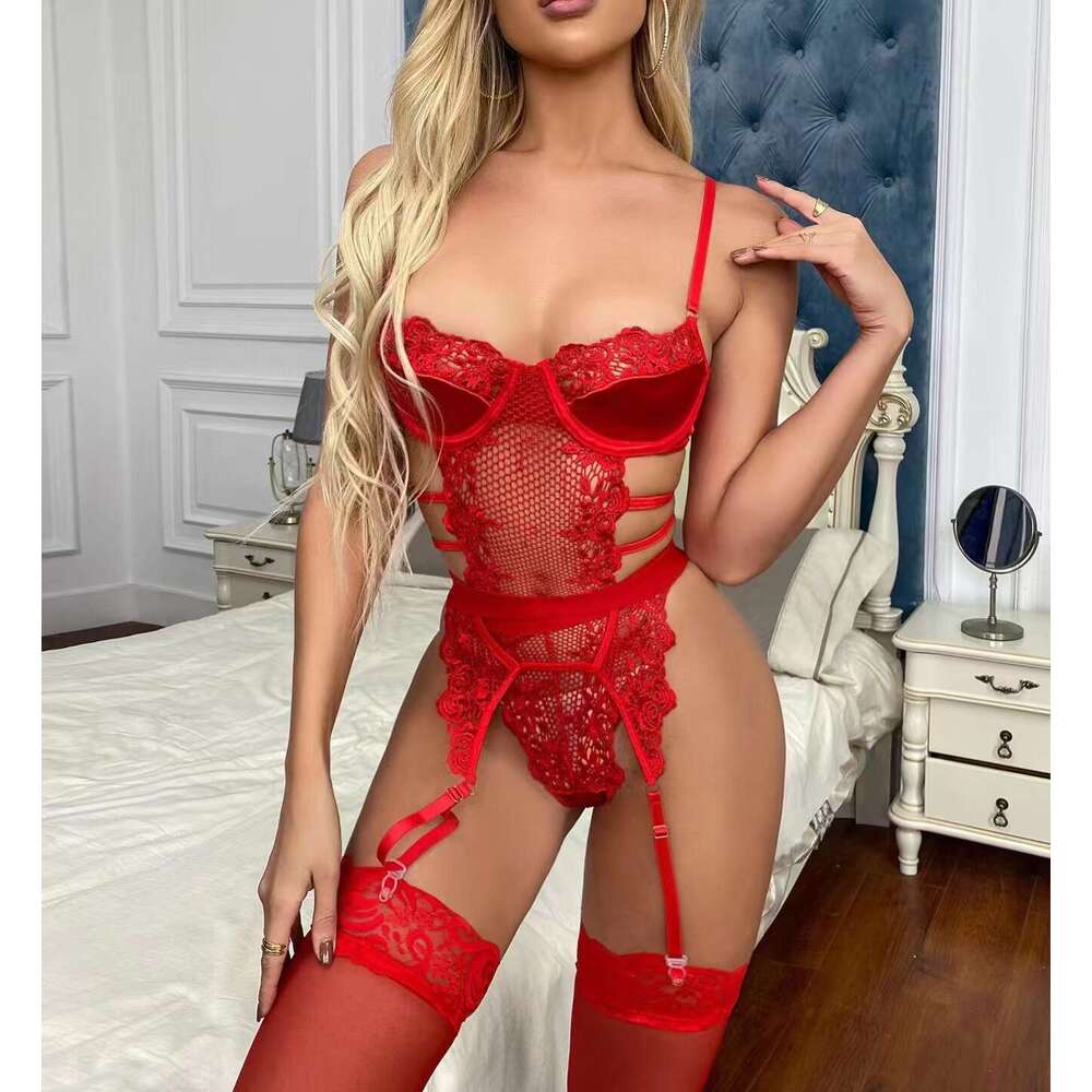 Spell Lingerie Porn Suits New Three Piece Hollow Embroidery Sexy Lingerie Set Without Legs Sexy Lingerie