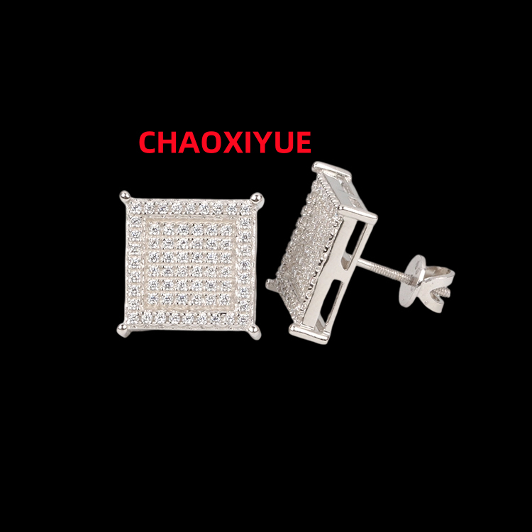 Hip Hop 925 Sterling Silver Iced Out D Color VVS Moissanite Earrings Screw Back Geometric Square Shape Ear Studs