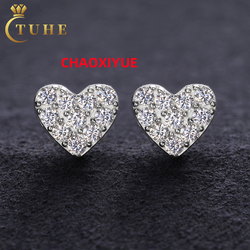 Wholesale Price Hip Hop Jewelry Iced Out Earrings 925 Silver Vvs Moissanite Heart Shape Stud Earrings Man Gift