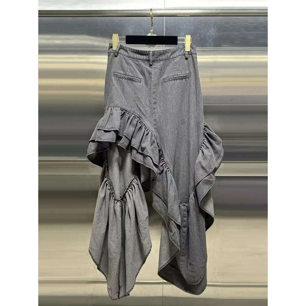 VGH Patchwork Pockets Denim Skirts For Women High Waist Solid Minimalist Loose Irregular Hem Skirt Female Clothing Fashion New