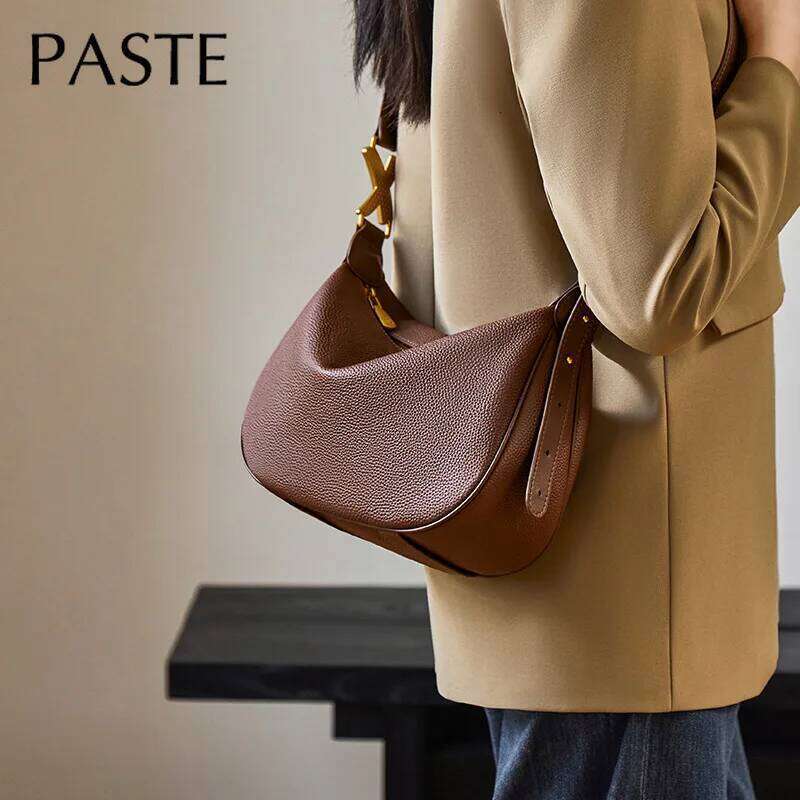 New Trendy Design Coffee Color Lichi Pattern Cowhide Leather Women Hobo Tote Leisure Ligh Weight Female Handbag