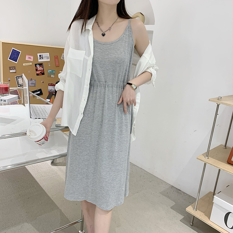 X0210 Summer thin round neck casual suspender skirt loose slim sleeveless long skirt