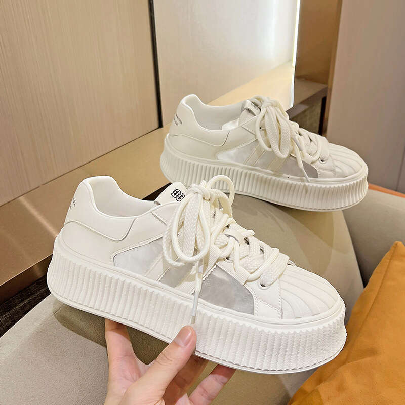 Platform Height Increasing Mesh White Summer Women's Shoes 2024 New Breathable Versatile Genuine Leather Chunky Sneakers
