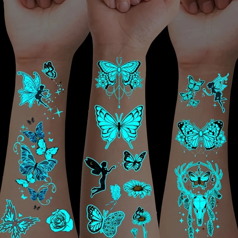 12 Sheets Butterfly Luminous Temporary Tattoo Blue Glow In the Dark Tattoo Sticker For Women Hands Face Tattoo Music Party Decor 250530