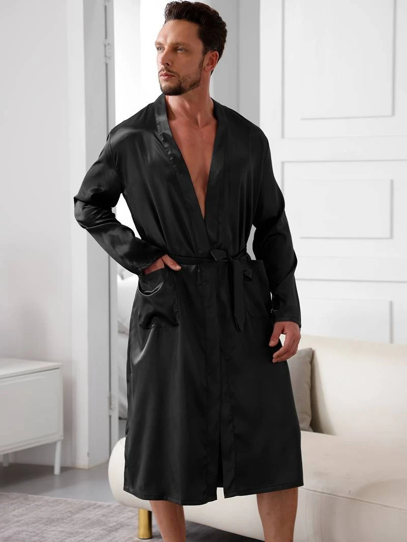 Mens Sleep Pj Black Suit Superstylish Gorgeous Pajamas VNeck Long Sleeve Robe And Shorts Nightgown Set For Relaxing Pjs 250526