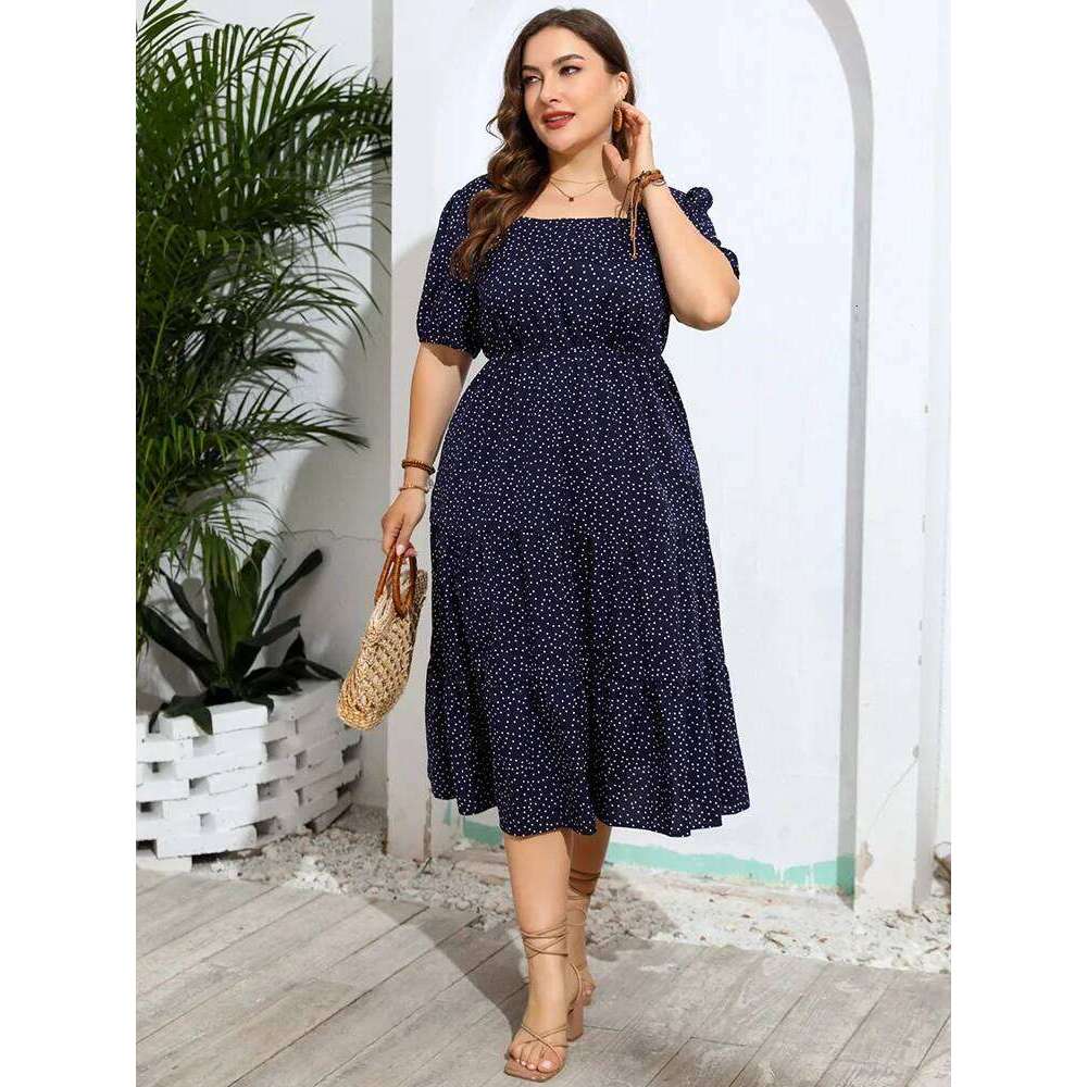 GIBSIE Plus Size Polka Dot Puff Sleeve Square Neck Dress Summer 2024 Women Vintage Casual Holiday Ruffle Hem Long Dresses High quality, fashionable, l