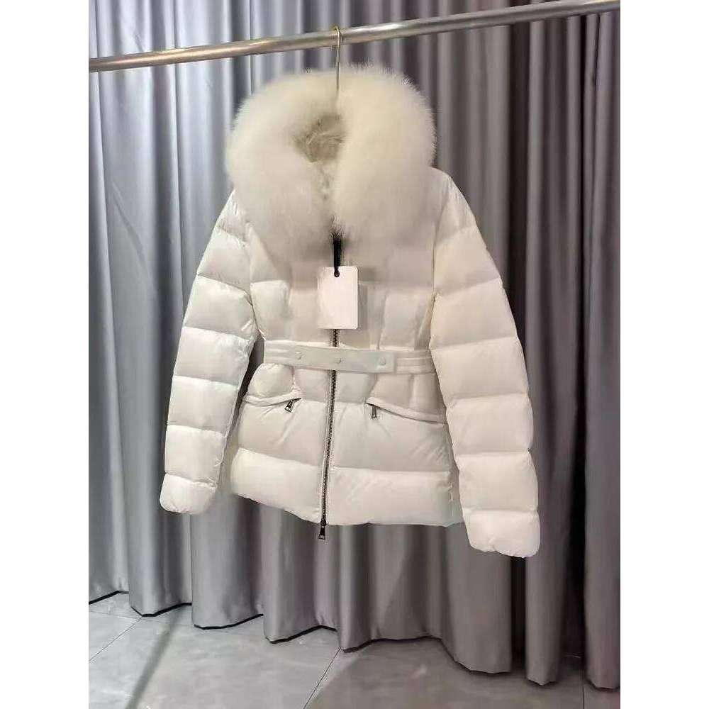 Coats Women Winter Black Hooded Fur Collar White Duck Down Puffer Thick Jacket with belt Slim Clothing High quality, fashionable, luxurious