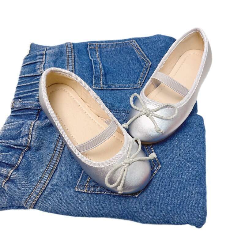 Girls' Leather Korean Children's 2025 Summer Stylish Sweet Baby Soft Sole Ballet Kids Silver Single Shoes