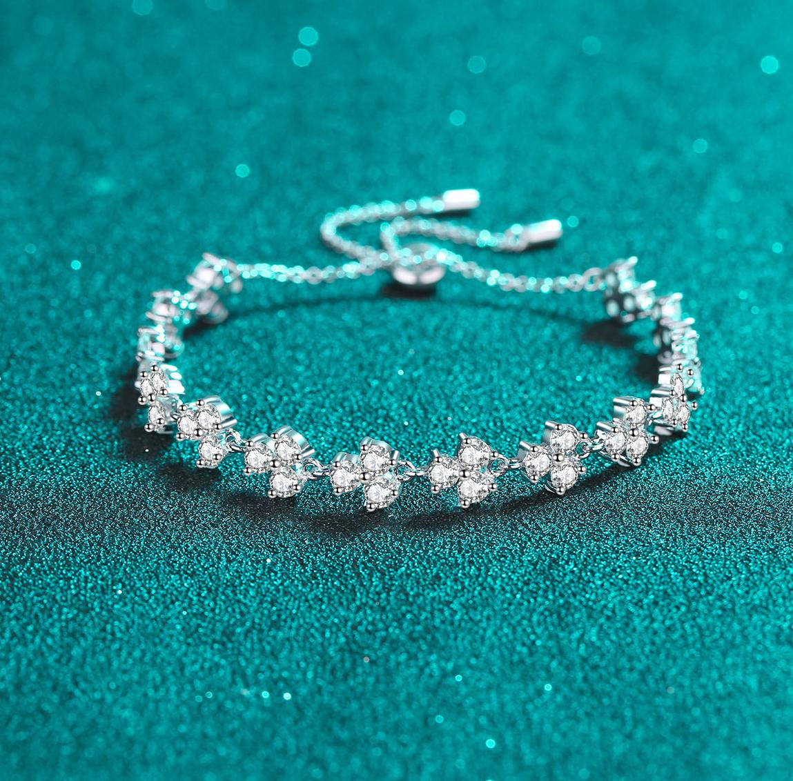 925 Sterling Silver Lucky Clover Moissanite Adjustable Bracelet with PT950 Platinum Plating for Women - Wholesale Jewelry