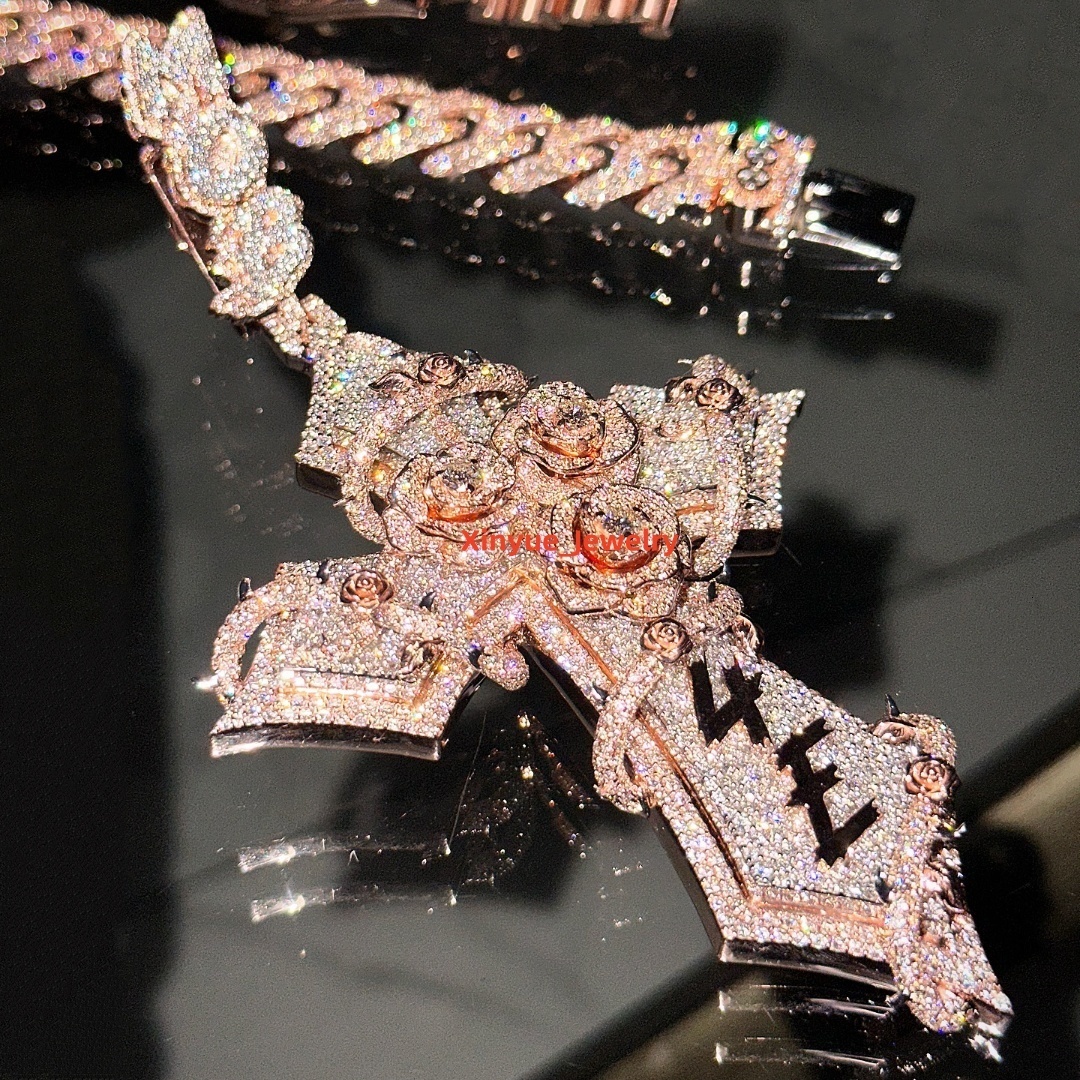 Luxury Hip Hop Jewelry Custom Rose Gold Plated 925 Sterling Silver VVS Moissanite Diamond Rose Flower Cross Pendant