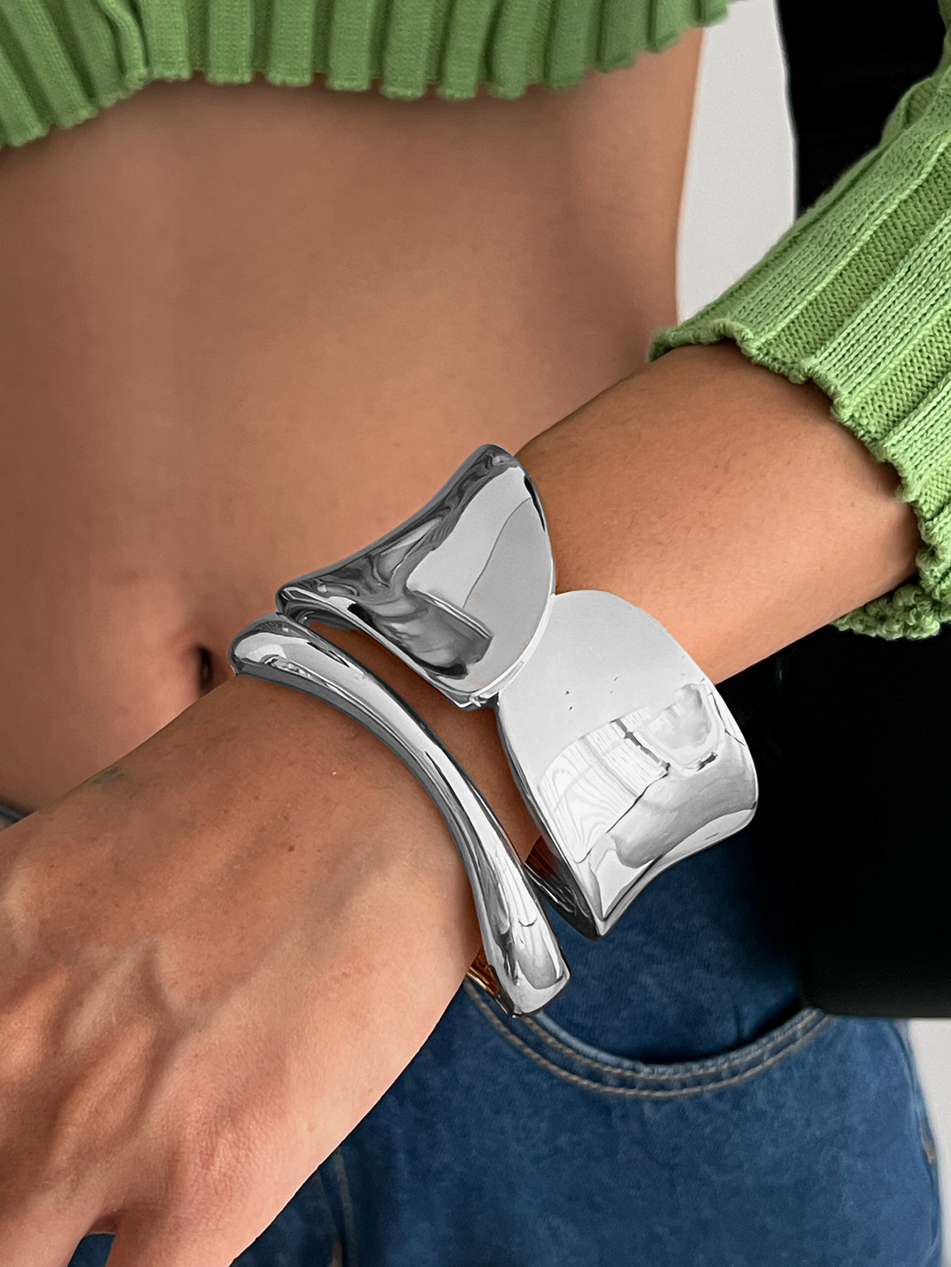 Women Edgy Punk Inspired Chunky Concave Glossy Open Cuff Bracelet Trendy Minimalist Statement Bangle
