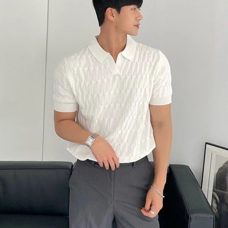 Summer Clothing Mens Knitted Jacquard Skinny Polo Shirt Korean Breathable Leisure V Neck Short Sleeve Knitwear 250530