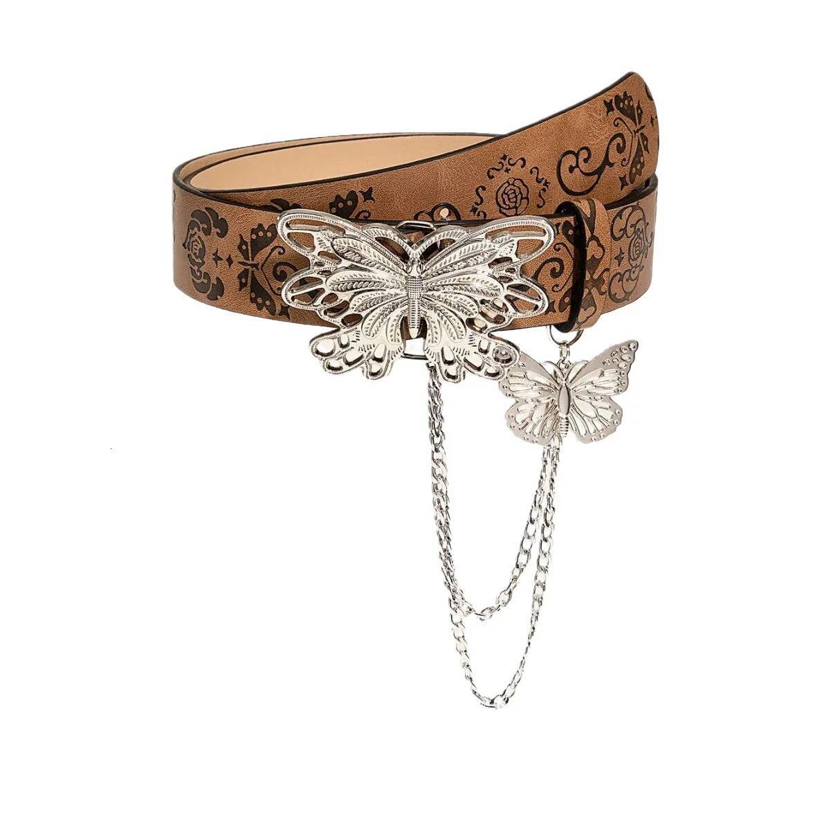 New Fashion Retro Butterfly Buckle PU Wide Bohemian Brown Emed Western Jeans Pants y2k Belt Dress