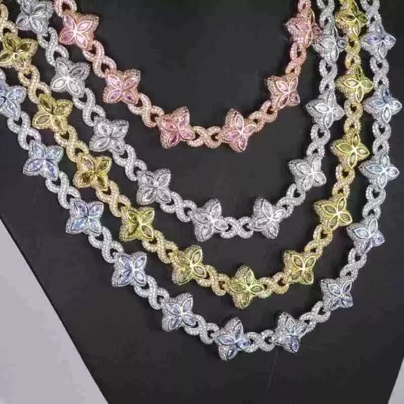 Fashion Hip Hop Jewelry Gold Plated 925 Sterling Silver Colored Moissanite Diamond Four Leaf Clover Necklace Cuban Link Chain