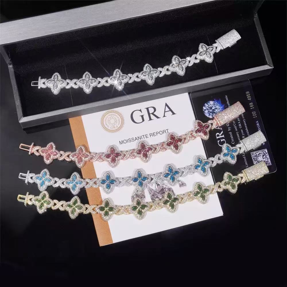 Moissanite Jewelry Clover Bracelet Green Pink Diamond S925 Silver Gold Plated Cuban Moissanite Bracelet With GRA Certificate