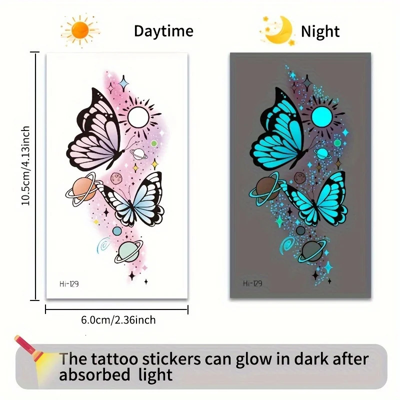 12 Sheets Butterfly Luminous Temporary Tattoo Blue Glow In the Dark Tattoo Sticker For Women Hands Face Tattoo Music Party Decor 250530