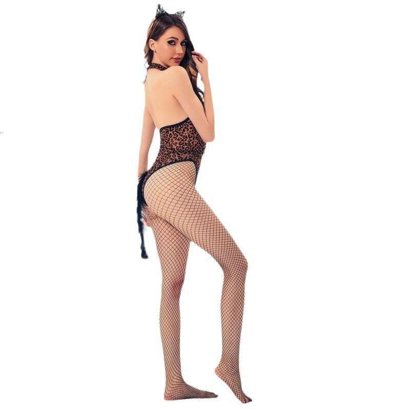 Spell Lingerie Porn Suits Qianhuan Sexy Backless Leopard Print Lingerie Set Halter Neck Tight Bodysuit Sexy Lingerie