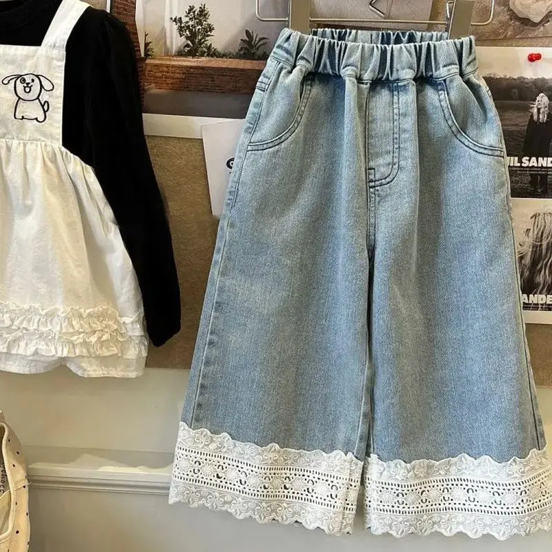 Bear Leader Girls Straight Lace Jeans Summer Childrens Versatile Wide Leg Pants Sweet Casual Pants Fashion Girl Jeans Clothes 250527