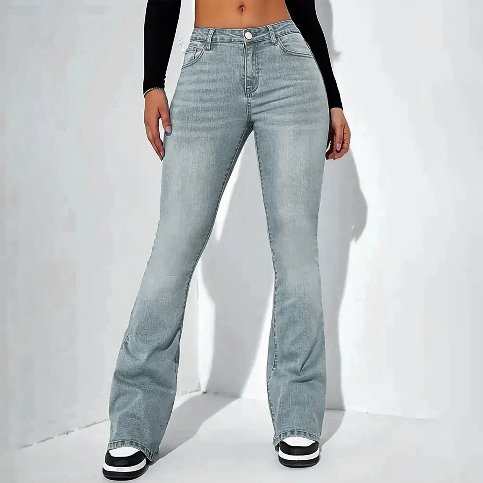 Women Flare Stretch Jeans Fashion Skinny Bell Bottom High Waist Gray Denim Pants Lady Retro Classic Y2K Punk Long Trousers 250527