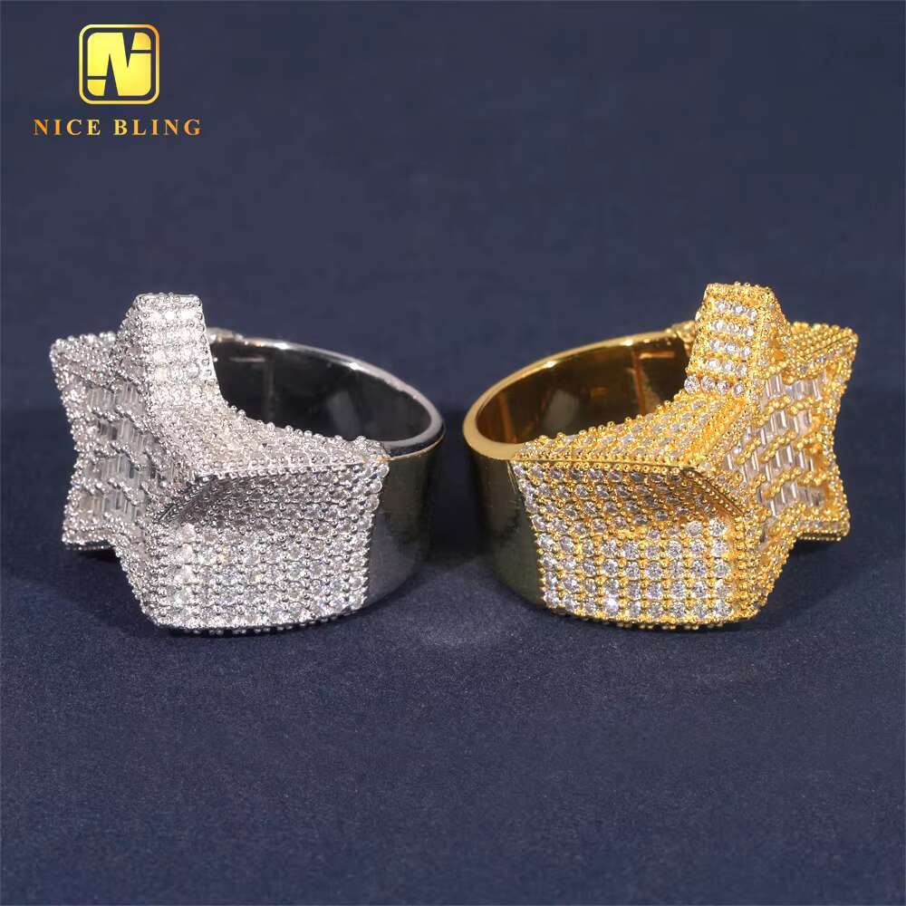 Shining Jewelry Baguette Moissanite Diamond Engagement Ring Men Hip Hop Jewelry 925 Silver Star Shaped Ring for Men