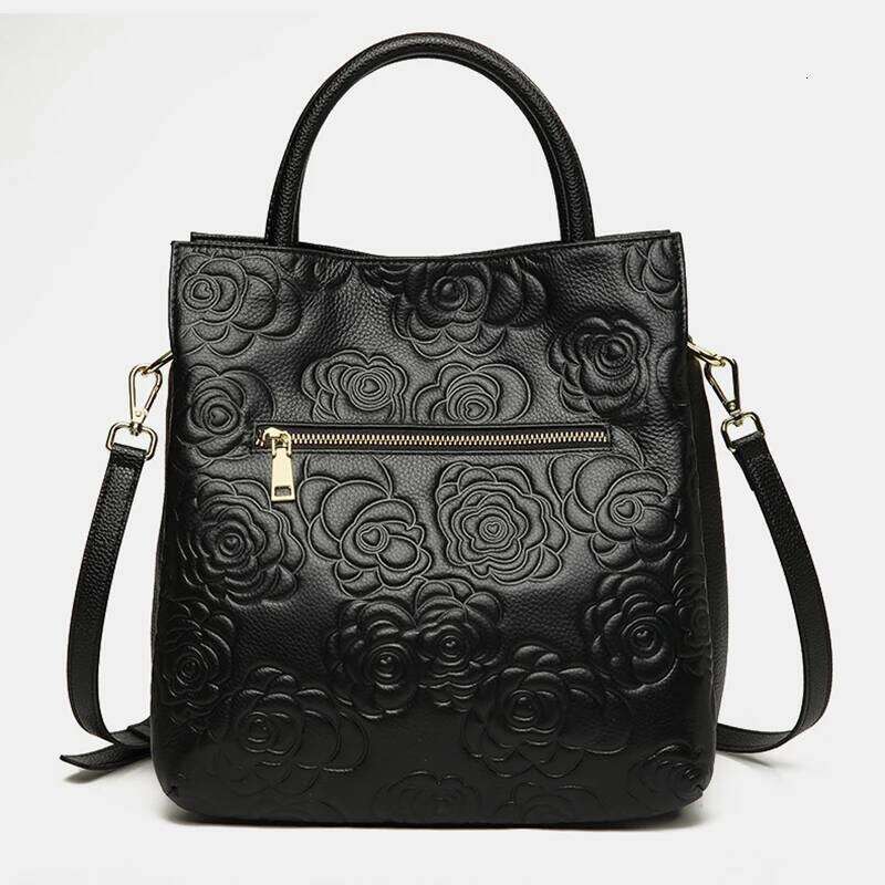 2025 New Genuine Leather Camellia Printed Handbag Fashion Big One-Shoulder Crossbody Women's Bag