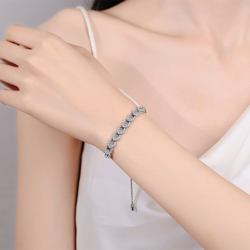 925 Sterling Silver Adjustable Heart Design Bracelet, Platinum Plated, Luxury CZ Crystal, Dainty and Elegant Jewelry for Women