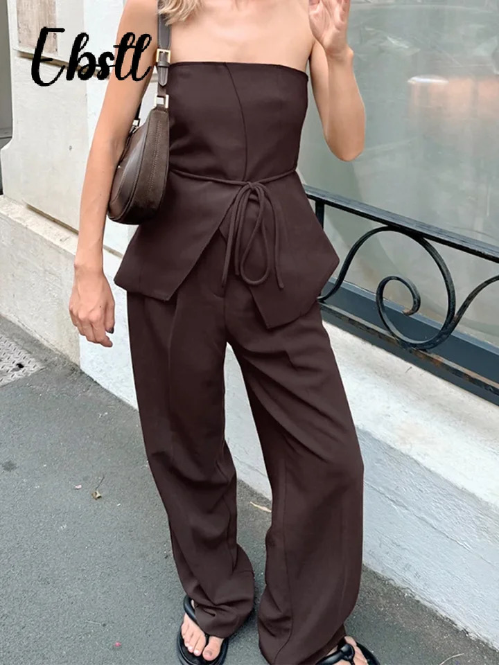 Slim Lace-up Split Tube Top Pants Set Womens Sexy Strapless Backless Vest Loose Wide Leg Trousers 2025 Summer Lady Outfits 250530