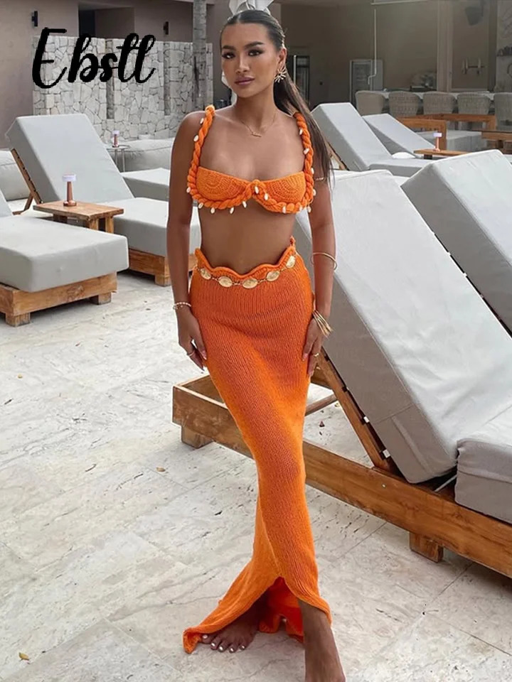 Sexy Knit Crop Top Skirts Set Women Shell Backless Sleeveless Tanks Hip Package Split Long Skirt 2025 Female Beach Outfits 250530